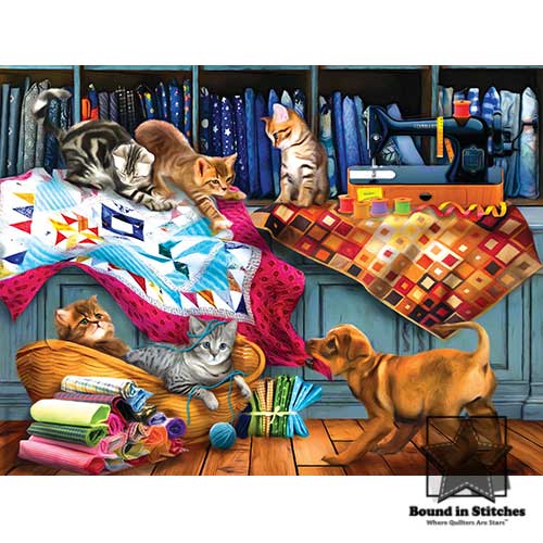 Quilting Room Mischief Jigsaw Puzzle by Tom Wood of SunsOut  |  Bound in Stitches