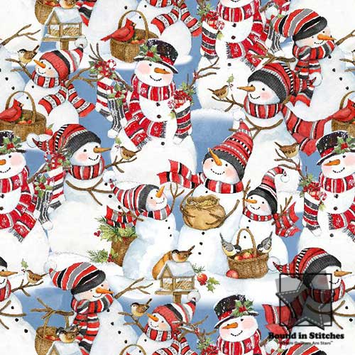 Frosty Frolic Packed Snowmen Multi quilting fabric by Susan Winget of Wilmington Prints