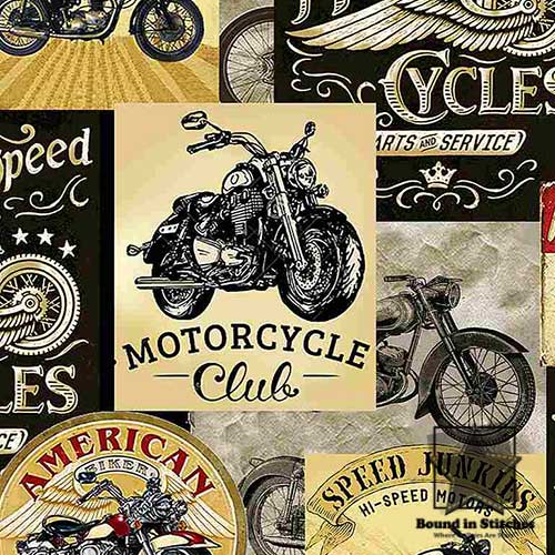 Packed Vintage Motorcycle Signs CD8049 Multi quilting fabric by Timeless Treasures  |  Bound in Stitches Quilt Shop, Sauk Rapids, MN Fabric Store
